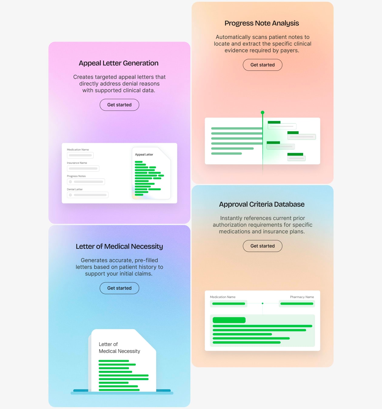 GreenLine AI module cards for appeal letters and prior authorization tools