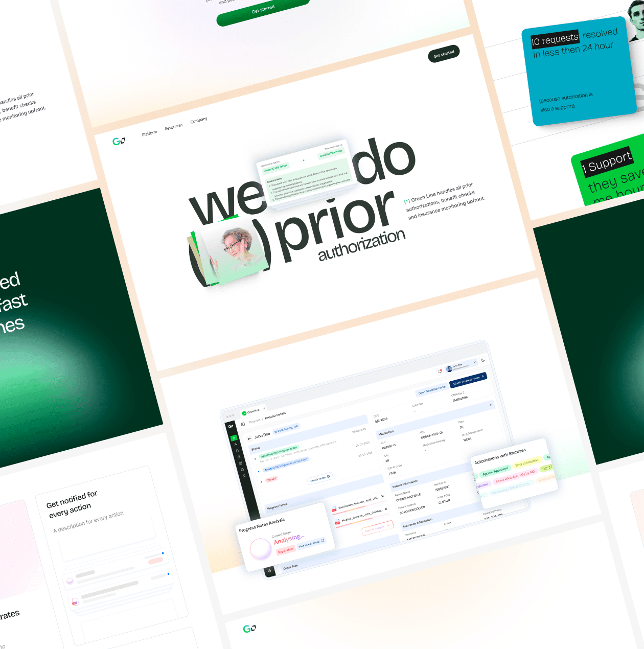 GreenLine website hero section design variations and screen stacks
